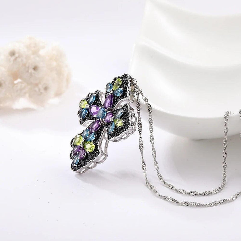 Refined 925 Sterling Silver Cross Pendant Necklace with Vibrant Amethyst and Peridot Gems - Lucid Fantasy 