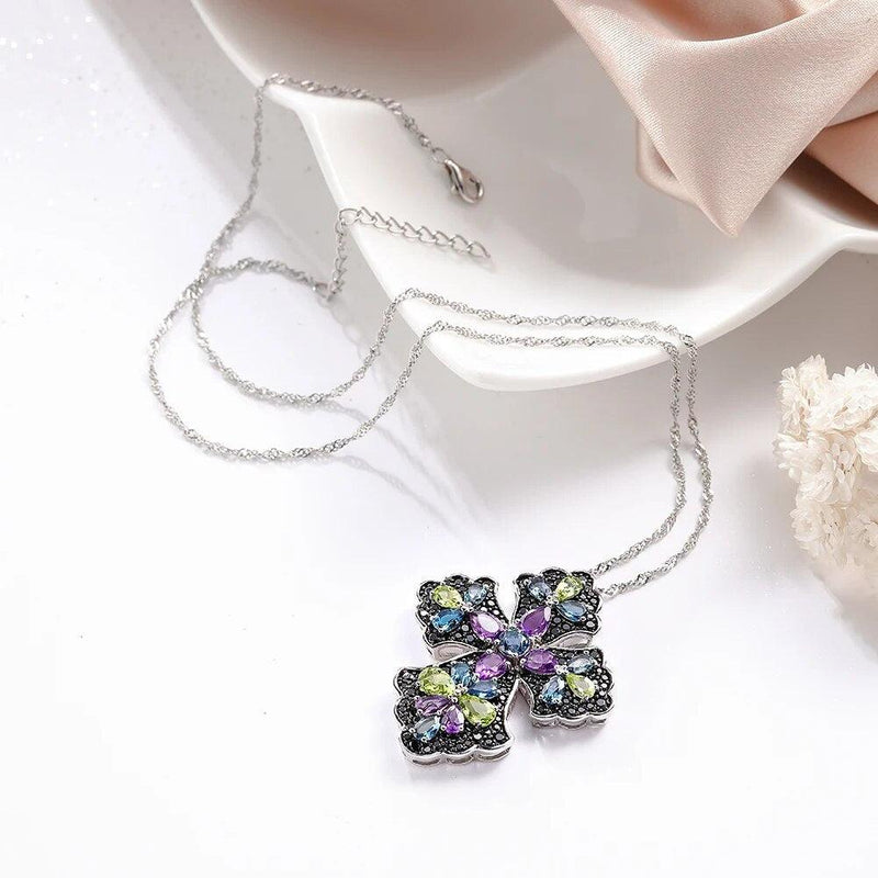 Refined 925 Sterling Silver Cross Pendant Necklace with Vibrant Amethyst and Peridot Gems - Lucid Fantasy 