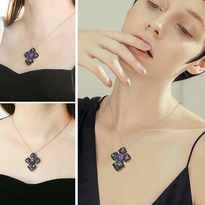 Refined 925 Sterling Silver Cross Pendant Necklace with Vibrant Amethyst and Peridot Gems - Lucid Fantasy 