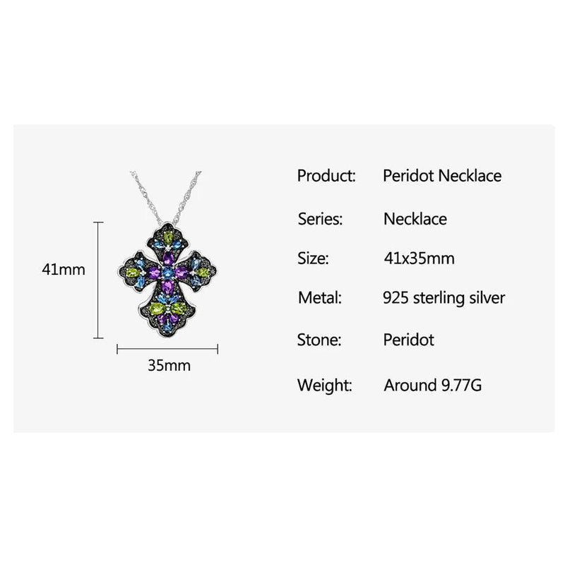 Refined 925 Sterling Silver Cross Pendant Necklace with Vibrant Amethyst and Peridot Gems - Lucid Fantasy 