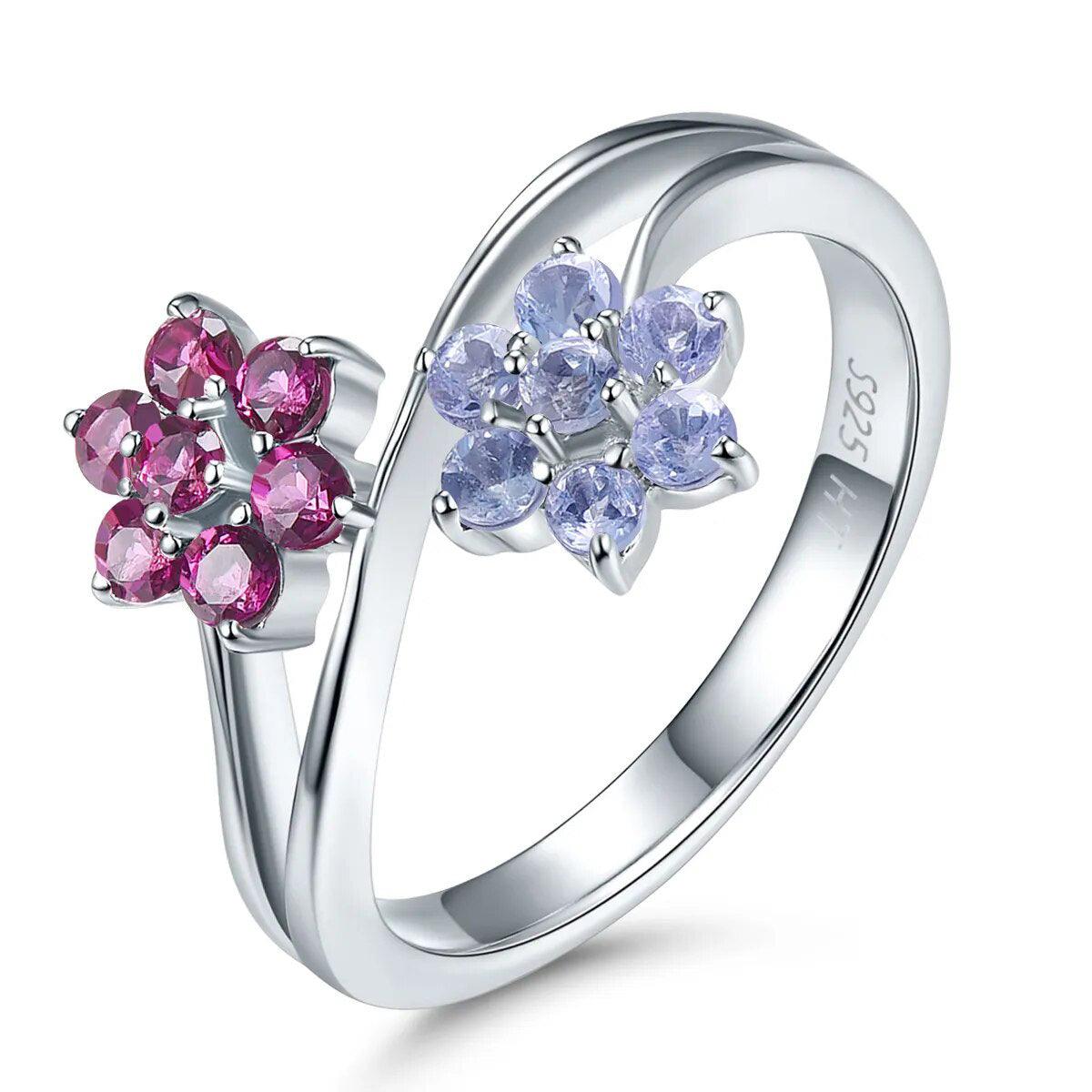 Refined 925 Sterling Silver Ring with 0.82ct Natural Tanzanite and Rhodolite Garnet Gemstones - Lucid Fantasy 