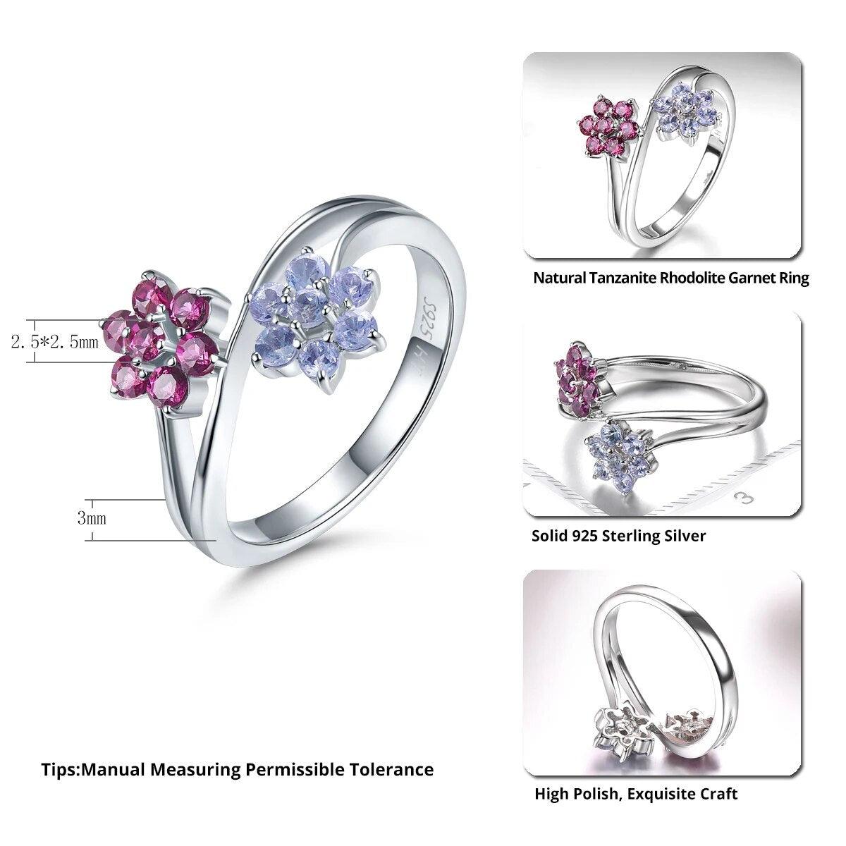 Refined 925 Sterling Silver Ring with 0.82ct Natural Tanzanite and Rhodolite Garnet Gemstones - Lucid Fantasy 