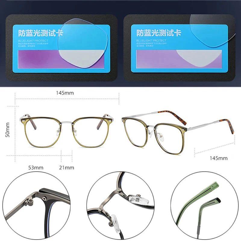 Retro-Inspired TR90 Metal Square Glasses Frame with Rivets - Anti-Blue Light Clear Optical Lens - Lucid Fantasy 