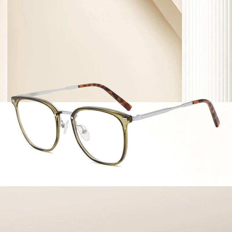 Retro-Inspired TR90 Metal Square Glasses Frame with Rivets - Anti-Blue Light Clear Optical Lens - Lucid Fantasy 