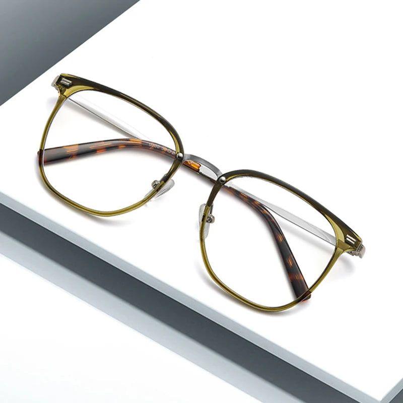 Retro-Inspired TR90 Metal Square Glasses Frame with Rivets - Anti-Blue Light Clear Optical Lens - Lucid Fantasy 