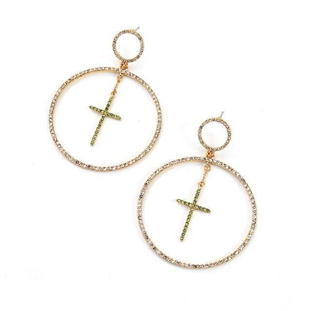 Rhinestone Cross Dangle Hoop Earrings with Glitter Stone Accents - Lucid Fantasy 