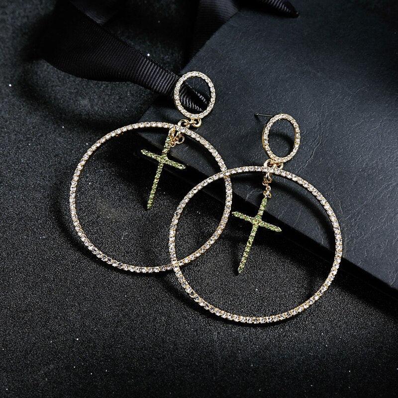 Rhinestone Cross Dangle Hoop Earrings with Glitter Stone Accents - Lucid Fantasy 