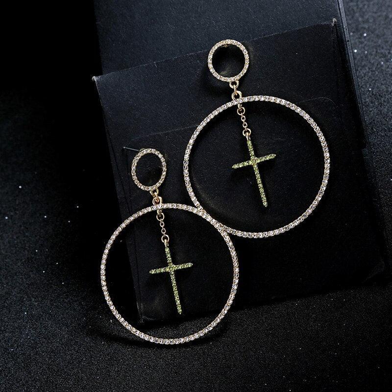 Rhinestone Cross Dangle Hoop Earrings with Glitter Stone Accents - Lucid Fantasy 