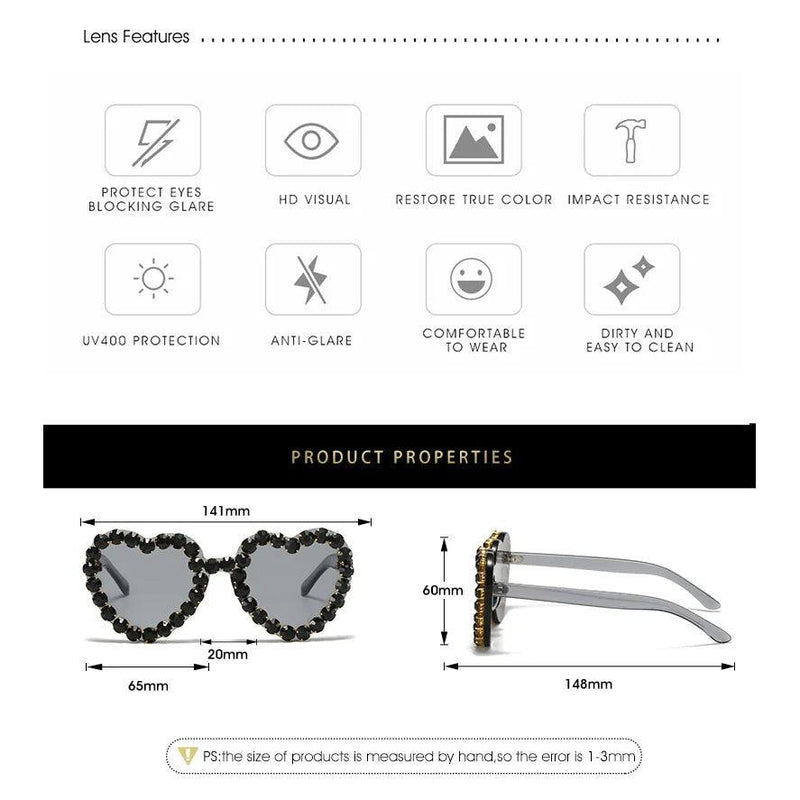 Rhinestone-Embellished Rimless Heart-Shaped Sunglasses with UV400 Protection - Lucid Fantasy 