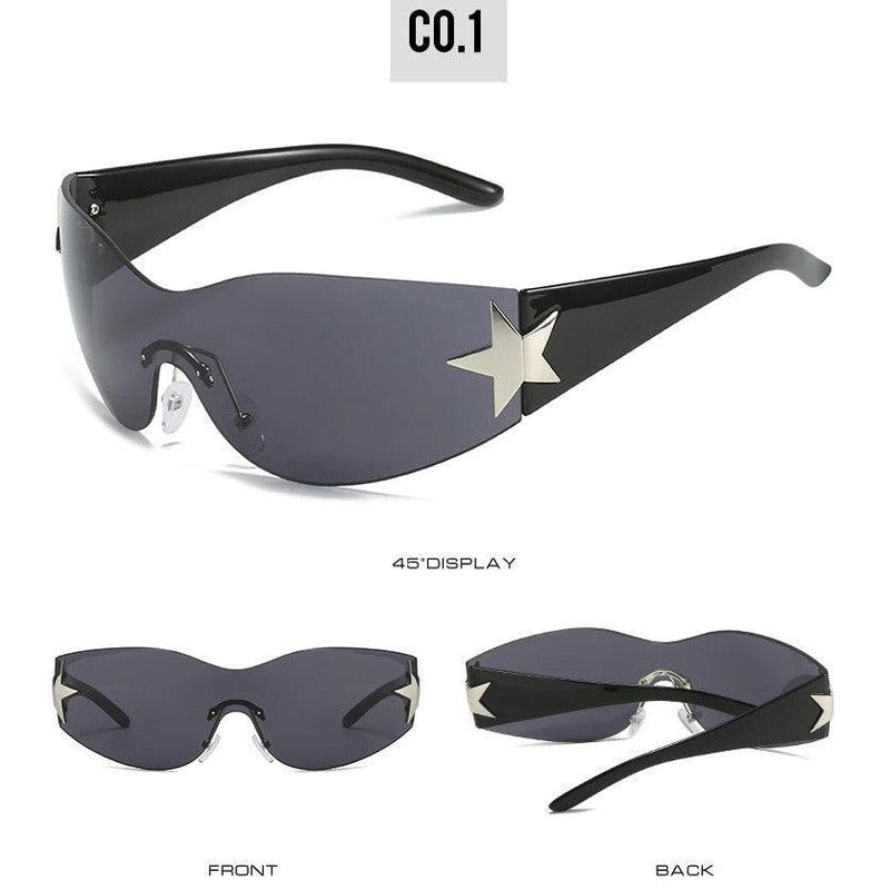 Rimless Steampunk Oversized Sport Sunglasses with UV400 Protection and Star Accents - Lucid Fantasy 