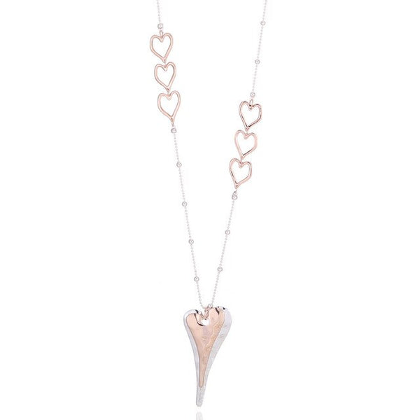 Rolled Metal Glossy Two Tone Double Heart Long Pendant Necklace