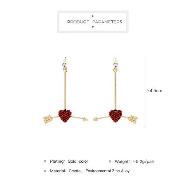 Romantic Fashion Jewelry Red Crystal Love Heart Arrow Dangle Earrings