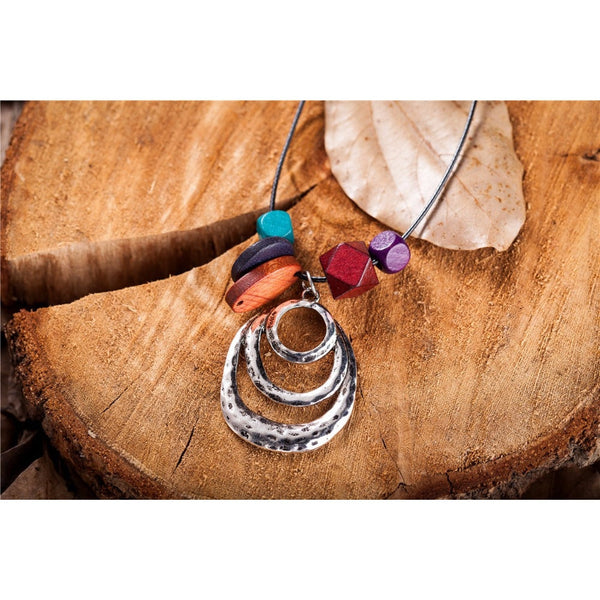 Rustic Chic Bohemian Colorful Wooden Textured Metal Suspension Pendant Necklace