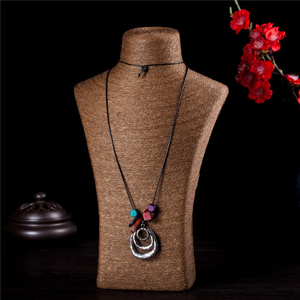 Rustic Chic Bohemian Colorful Wooden Textured Metal Suspension Pendant Necklace