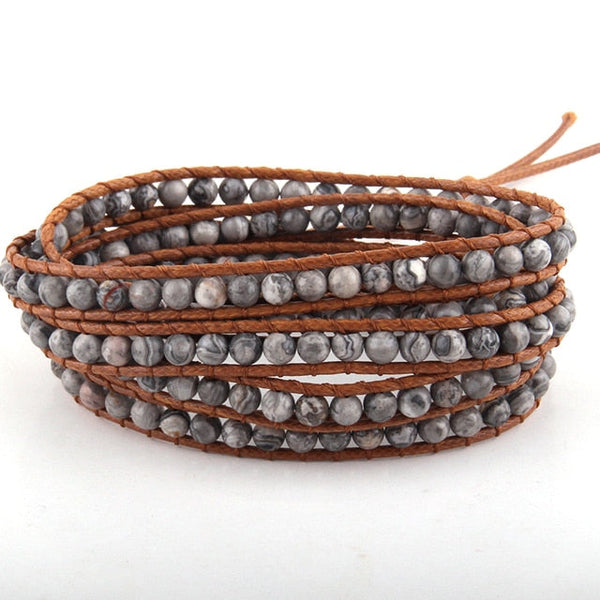 Semi Precious Natural Stone Bead Leather Wrap BOHO Bracelet