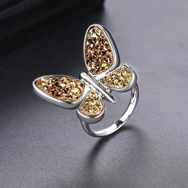 Solid Silver S925 Ring Druzy Agate Butterfly Design Jewelry Style-Lucid Fantasy