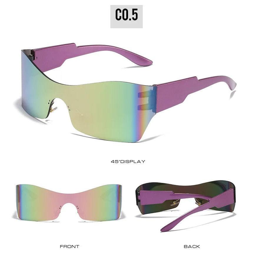 Statement-Making Oversized Rimless Mirrored Sunglasses in Pink, Blue, and Green - Lucid Fantasy 