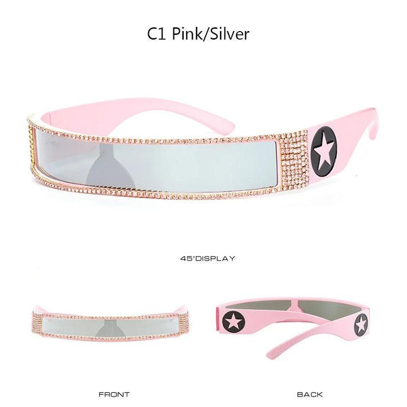 Steampunk Crystal Mirrored Sunglasses with Blue Pink Diamond Frames - Fashionable Punk Sun Shades - Lucid Fantasy 