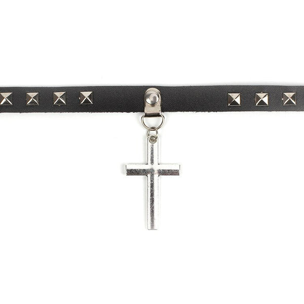 Studded Gothic Cross Drop Pendant Tassel Choker Necklace