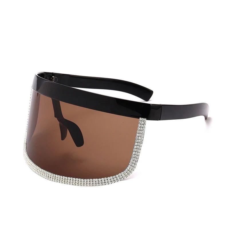 Stylish Diamond-Studded Oversized Shield Visor Sunglasses with Mirrored Lenses and Windproof Design - Lucid Fantasy 