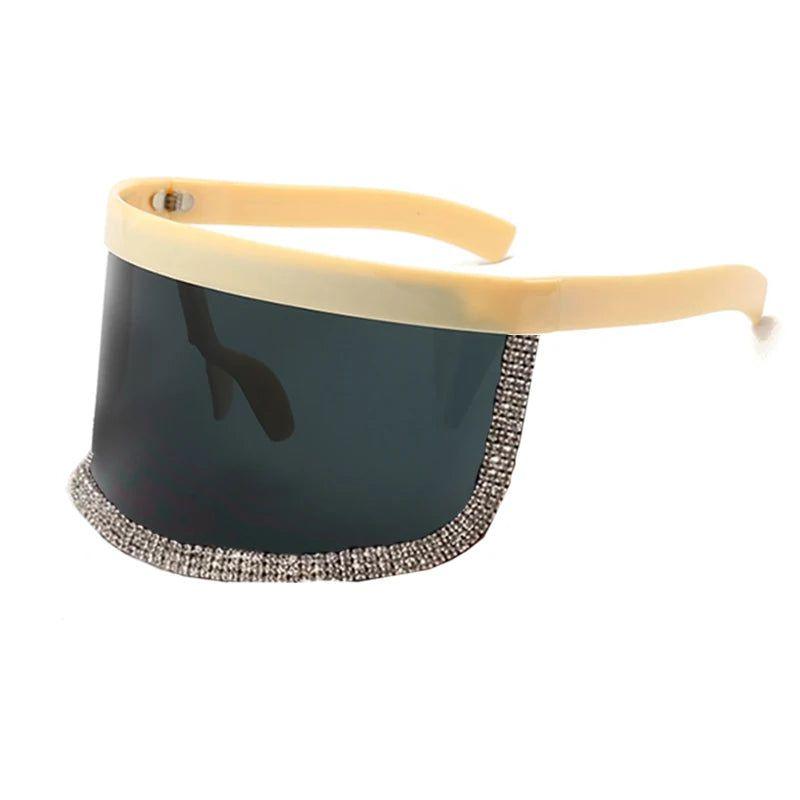 Stylish Diamond-Studded Oversized Shield Visor Sunglasses with Mirrored Lenses and Windproof Design - Lucid Fantasy 