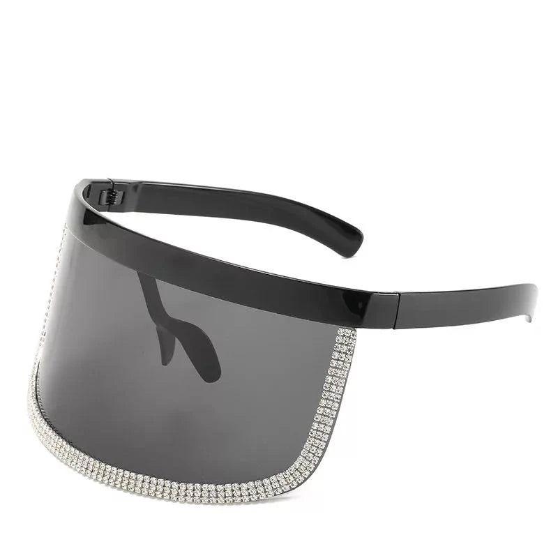 Stylish Diamond-Studded Oversized Shield Visor Sunglasses with Mirrored Lenses and Windproof Design - Lucid Fantasy 