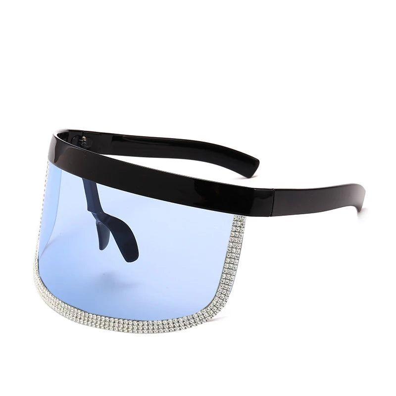 Stylish Diamond-Studded Oversized Shield Visor Sunglasses with Mirrored Lenses and Windproof Design - Lucid Fantasy 