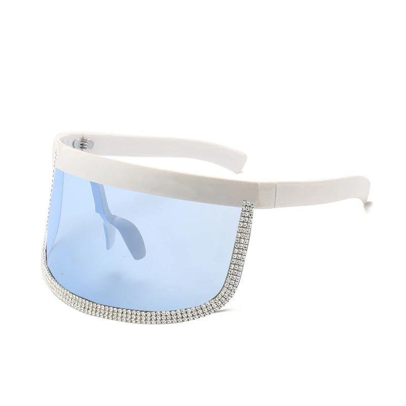 Stylish Diamond-Studded Oversized Shield Visor Sunglasses with Mirrored Lenses and Windproof Design - Lucid Fantasy 