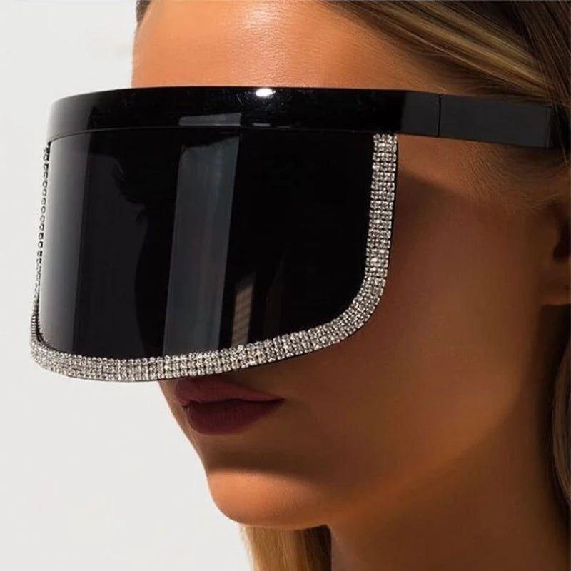 Stylish Diamond-Studded Oversized Shield Visor Sunglasses with Mirrored Lenses and Windproof Design - Lucid Fantasy 