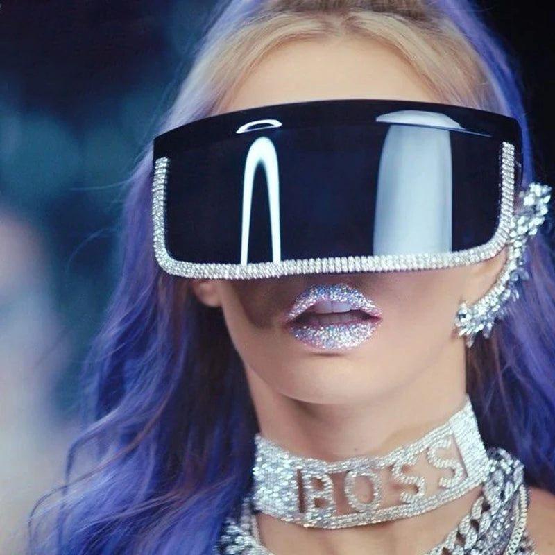 Stylish Diamond-Studded Oversized Shield Visor Sunglasses with Mirrored Lenses and Windproof Design - Lucid Fantasy 