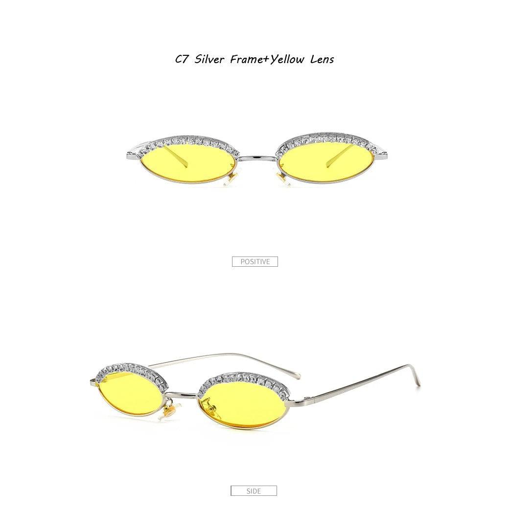 Stylish Oval Cat Eye Sunglasses with Crystal Diamond Accents and Alloy Frame - Lucid Fantasy 