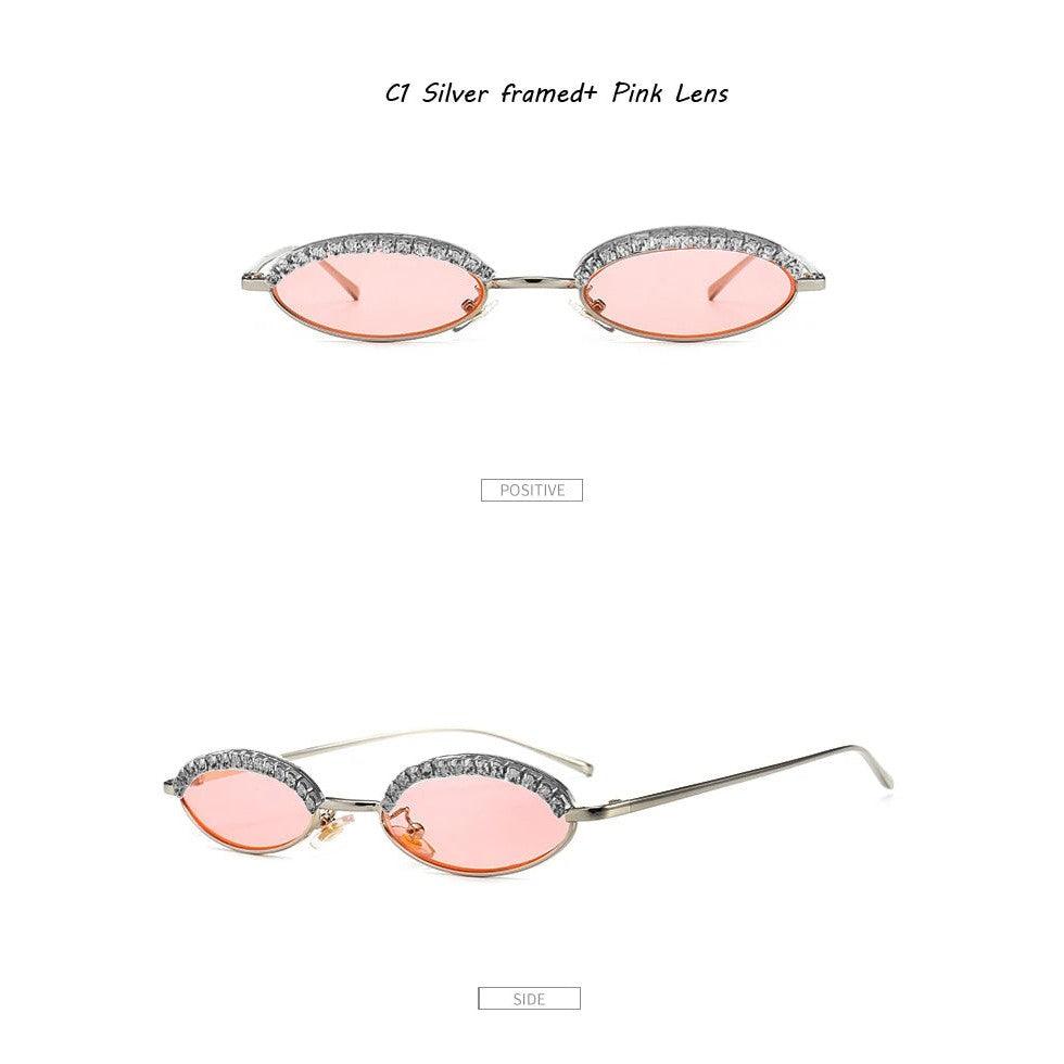 Stylish Oval Cat Eye Sunglasses with Crystal Diamond Accents and Alloy Frame - Lucid Fantasy 