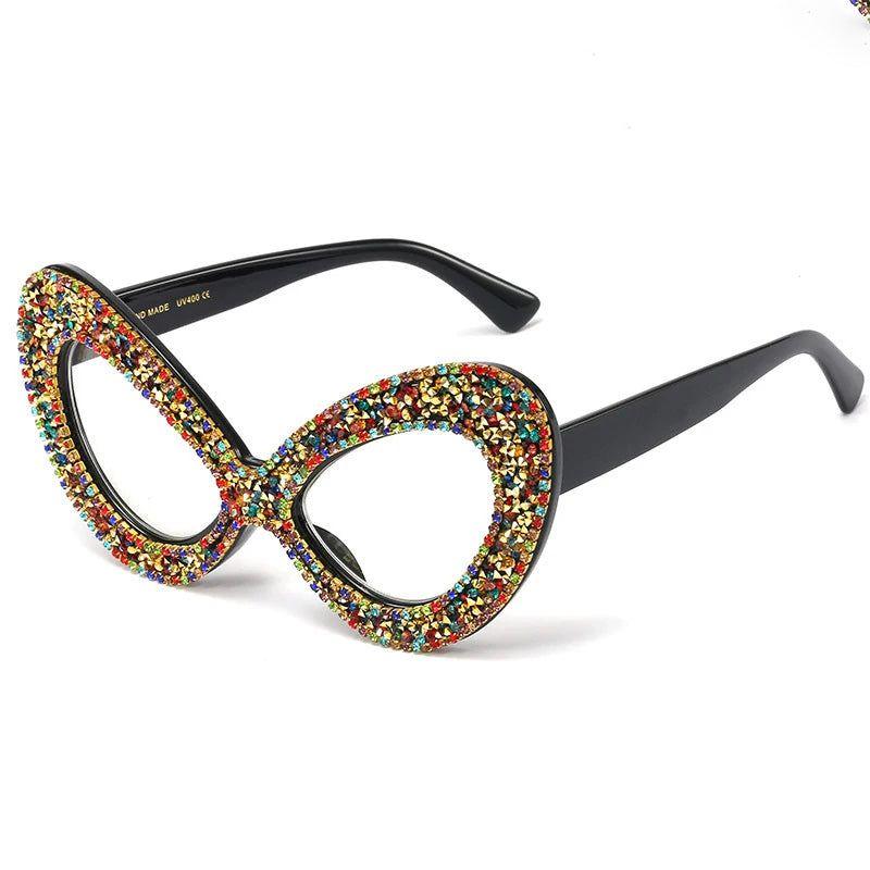 Stylish Oversized Cat Eye Sunglasses with Crystal Accents and Diamond Lenses - Lucid Fantasy 