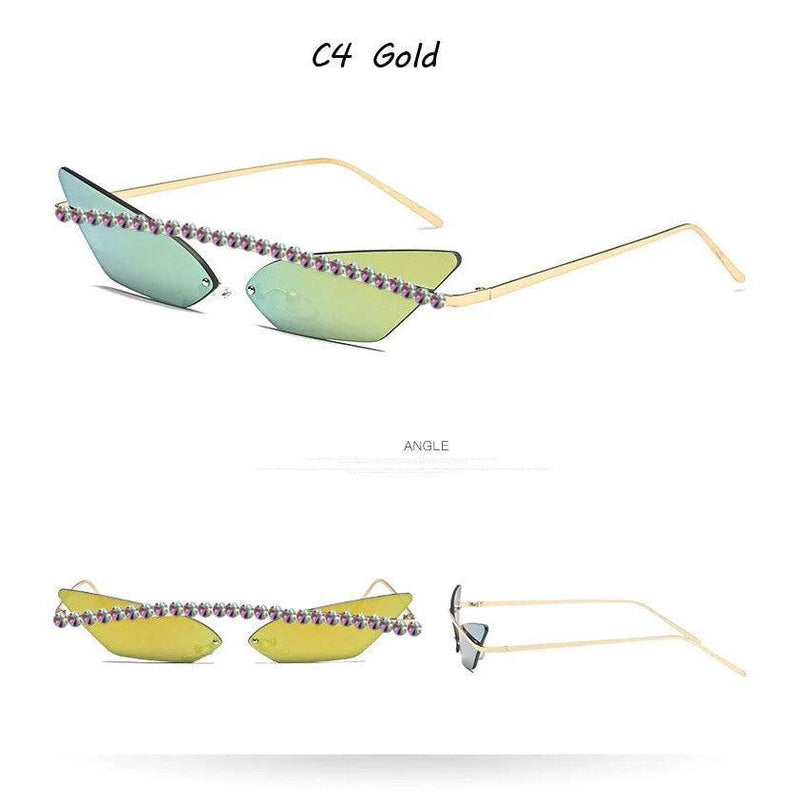 Stylish Rimless Cat Eye Sunglasses with Diamond Accents and Mirrored Lenses - Lucid Fantasy 