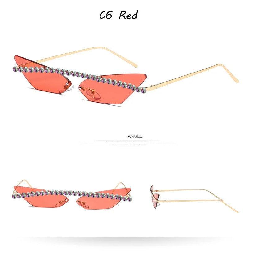 Stylish Rimless Cat Eye Sunglasses with Diamond Accents and Mirrored Lenses - Lucid Fantasy 