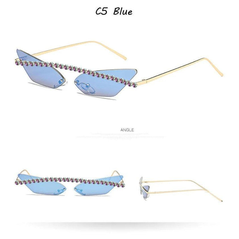 Stylish Rimless Cat Eye Sunglasses with Diamond Accents and Mirrored Lenses - Lucid Fantasy 