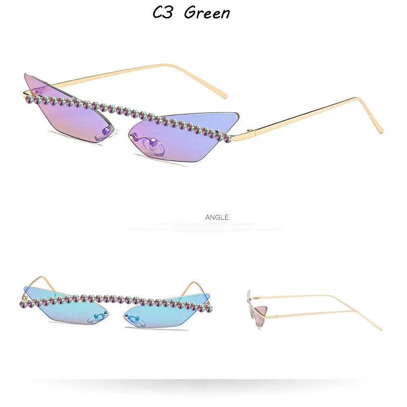 Stylish Rimless Cat Eye Sunglasses with Diamond Accents and Mirrored Lenses - Lucid Fantasy 