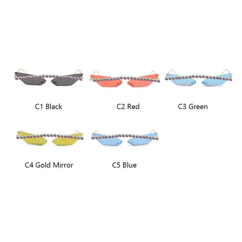 Stylish Rimless Cat Eye Sunglasses with Diamond Accents and Mirrored Lenses - Lucid Fantasy 