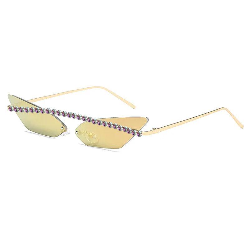 Stylish Rimless Cat Eye Sunglasses with Diamond Accents and Mirrored Lenses - Lucid Fantasy 