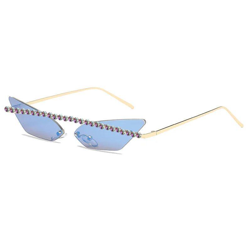 Stylish Rimless Cat Eye Sunglasses with Diamond Accents and Mirrored Lenses - Lucid Fantasy 