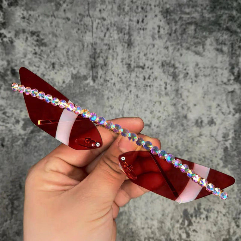 Stylish Rimless Cat Eye Sunglasses with Diamond Accents and Mirrored Lenses - Lucid Fantasy 