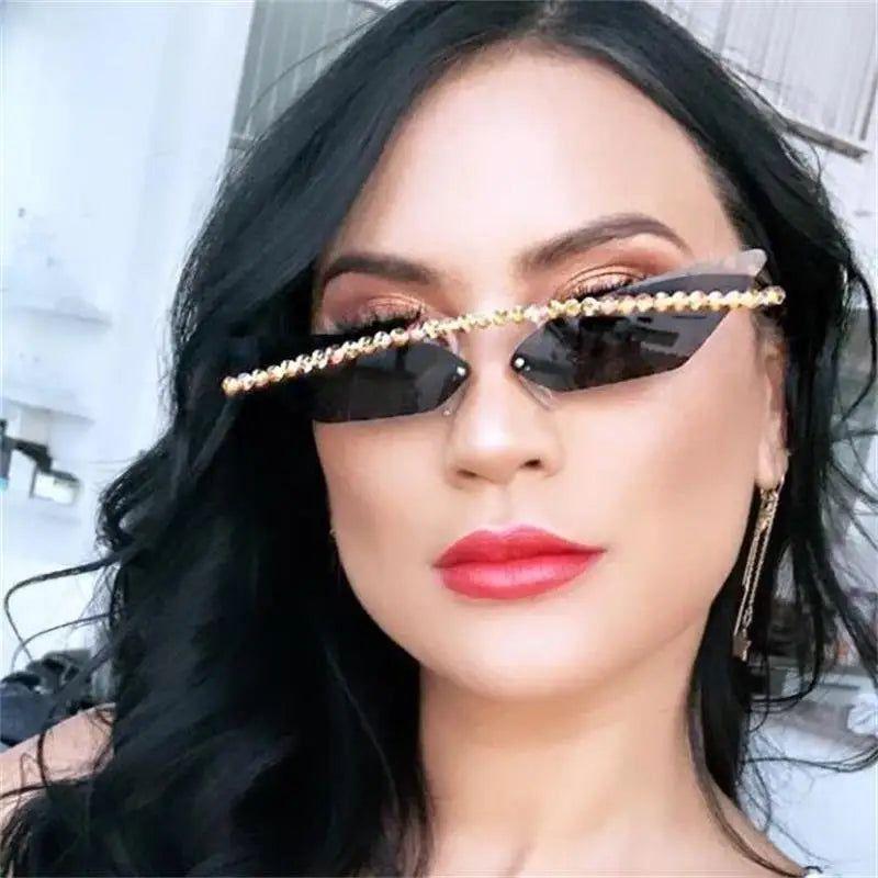 Stylish Rimless Cat Eye Sunglasses with Diamond Accents and Mirrored Lenses - Lucid Fantasy 