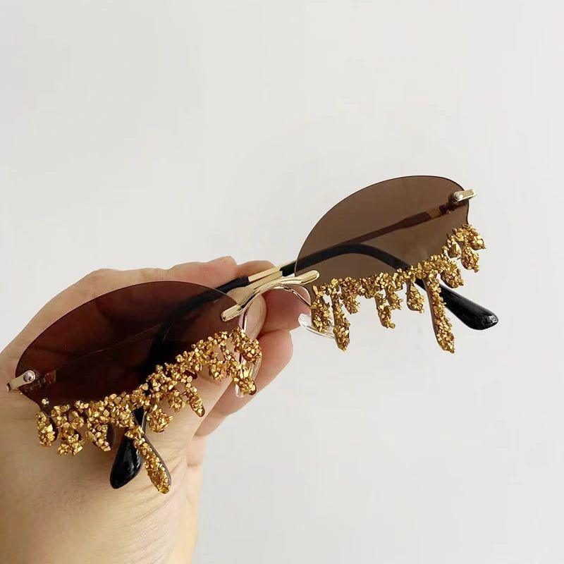 Stylish Rimless Oval Rhinestone Sunglasses with Drip Bling Design - Lucid Fantasy 