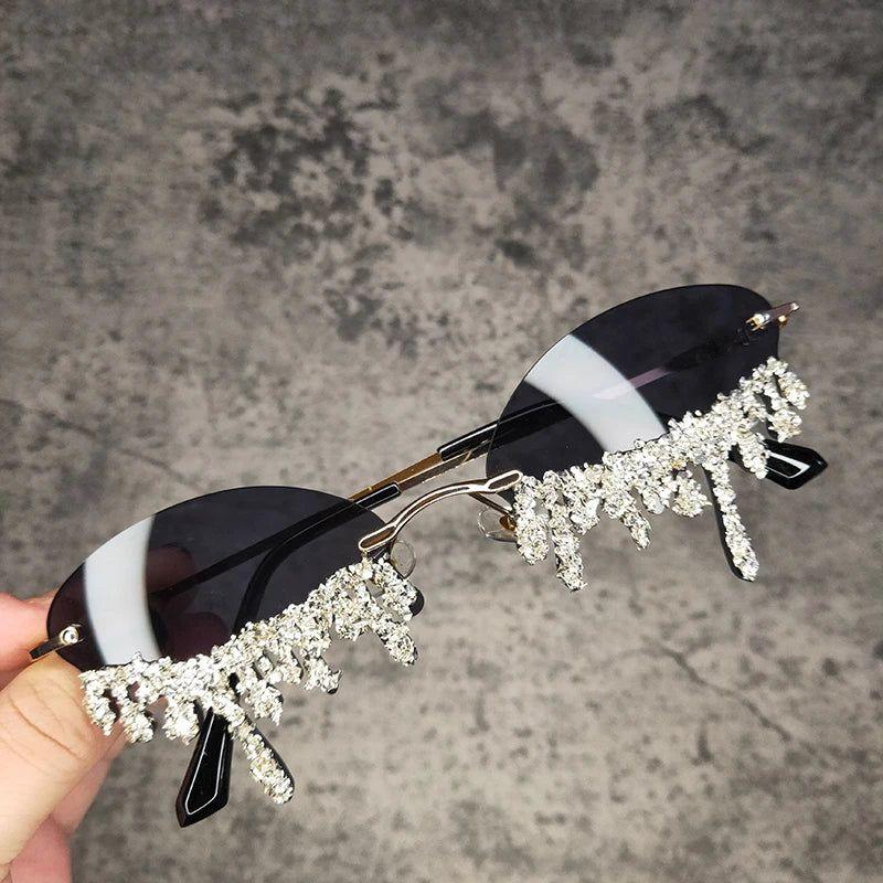 Stylish Rimless Oval Rhinestone Sunglasses with Drip Bling Design - Lucid Fantasy 