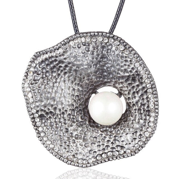 Textured Pitted Metal Art Wave Bohemian Pendant Necklace