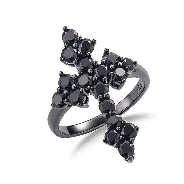 Timeless Vintage 925 Sterling Silver Cross Ring Set with 2.4 Carats of Authentic Black Spinel Stones - Lucid Fantasy 