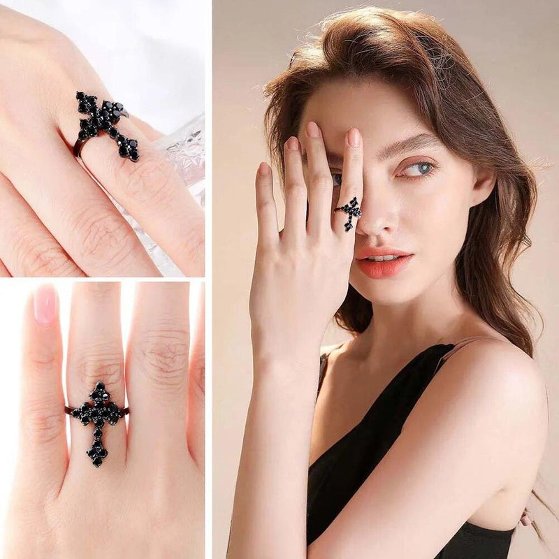 Timeless Vintage 925 Sterling Silver Cross Ring Set with 2.4 Carats of Authentic Black Spinel Stones - Lucid Fantasy 