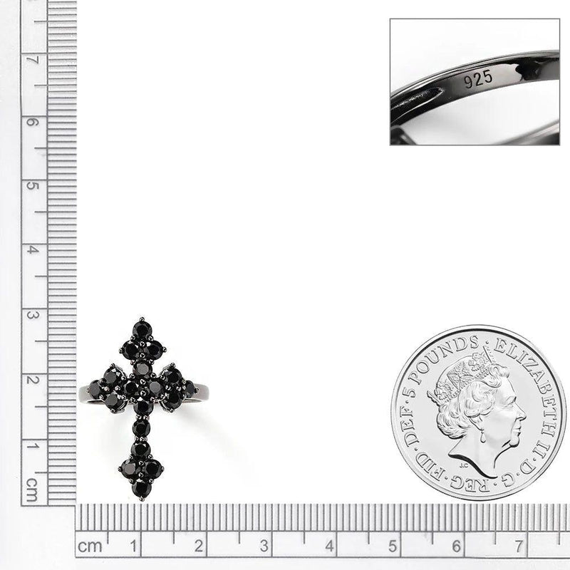 Timeless Vintage 925 Sterling Silver Cross Ring Set with 2.4 Carats of Authentic Black Spinel Stones - Lucid Fantasy 