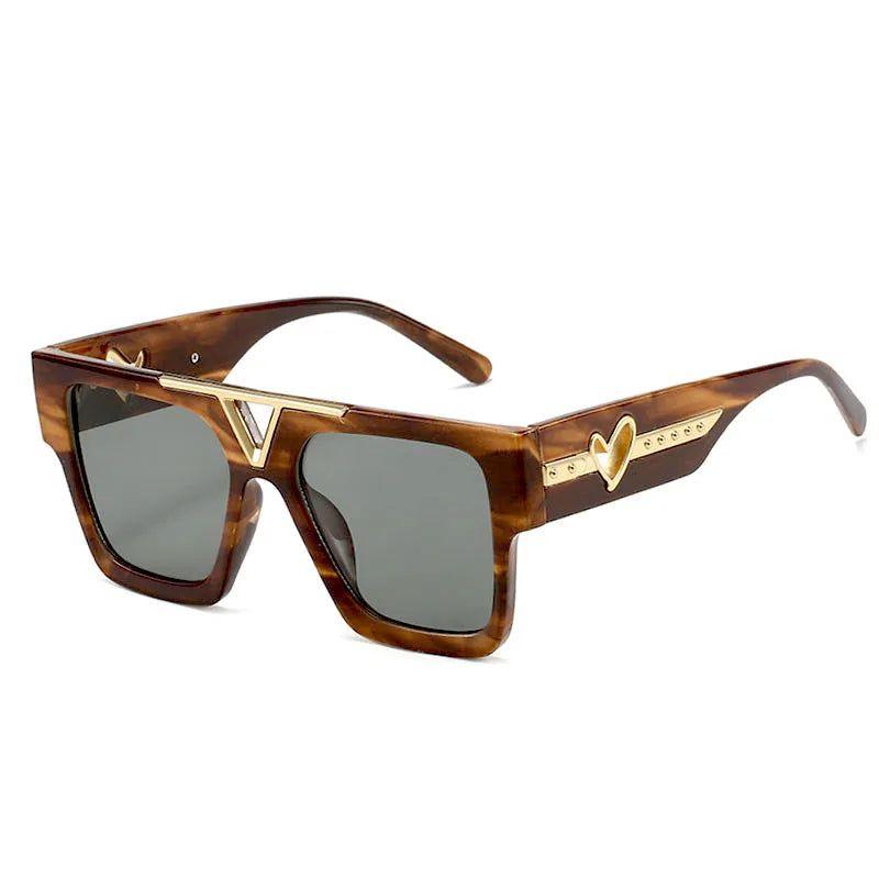 Trendy Flat Top Square Sunglasses with Metal Heart Accents and UV400 Protection - Lucid Fantasy 