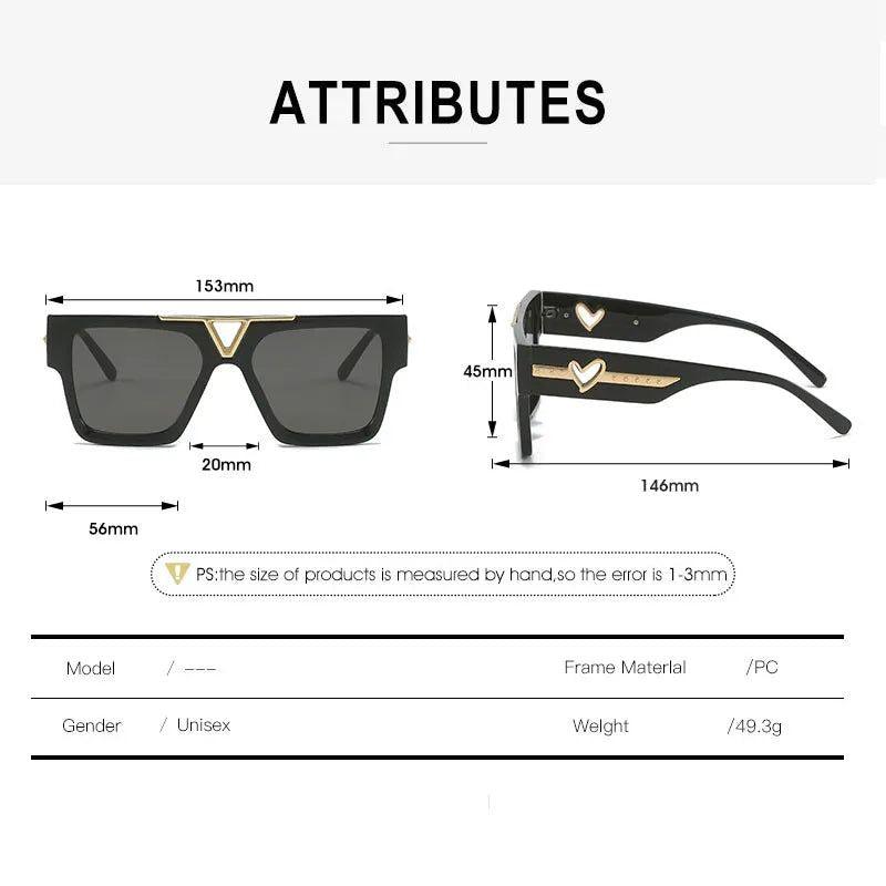 Trendy Flat Top Square Sunglasses with Metal Heart Accents and UV400 Protection - Lucid Fantasy 